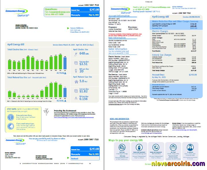 USA Consumers Energy utility bill, 2 pages, vesion 2